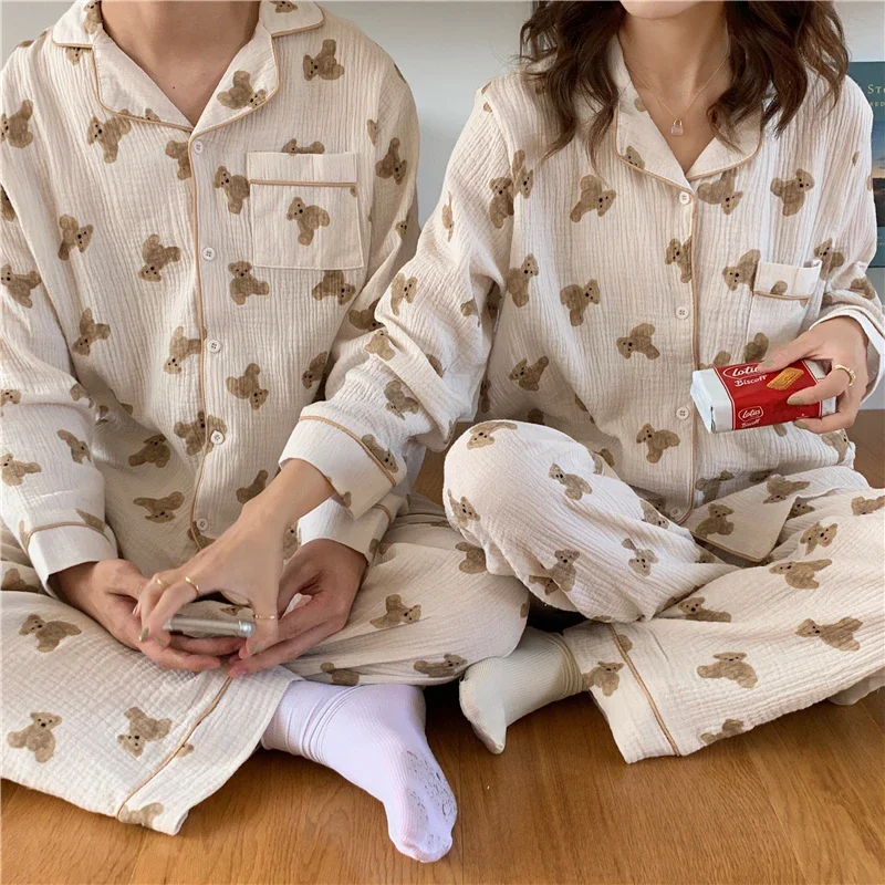 Couple Lovers Kawaii Cotton Autumn Pajamas Set Women Korean Casual Cotton Two Piece Set Home Suit Sleepwear Pockets Vintage