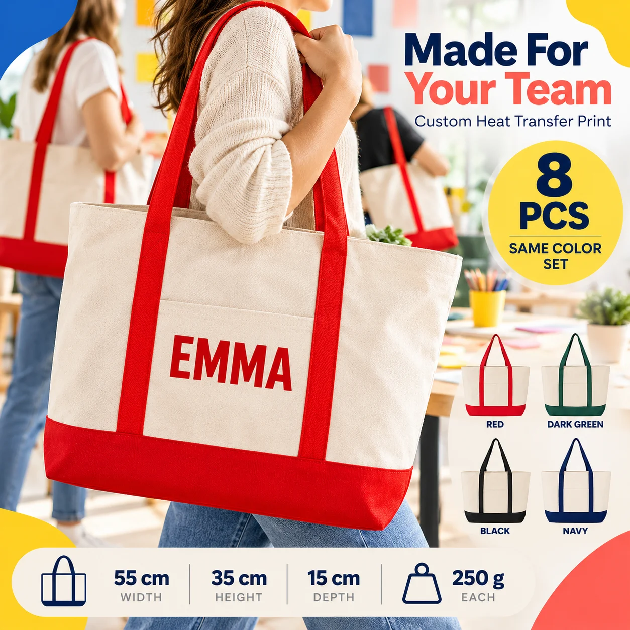 8pcs Large Custom Canvas Totes Contrast Trim Same Color Set Personalized Logo Bags Bulk Team Gifts Reusable Christmas Presents