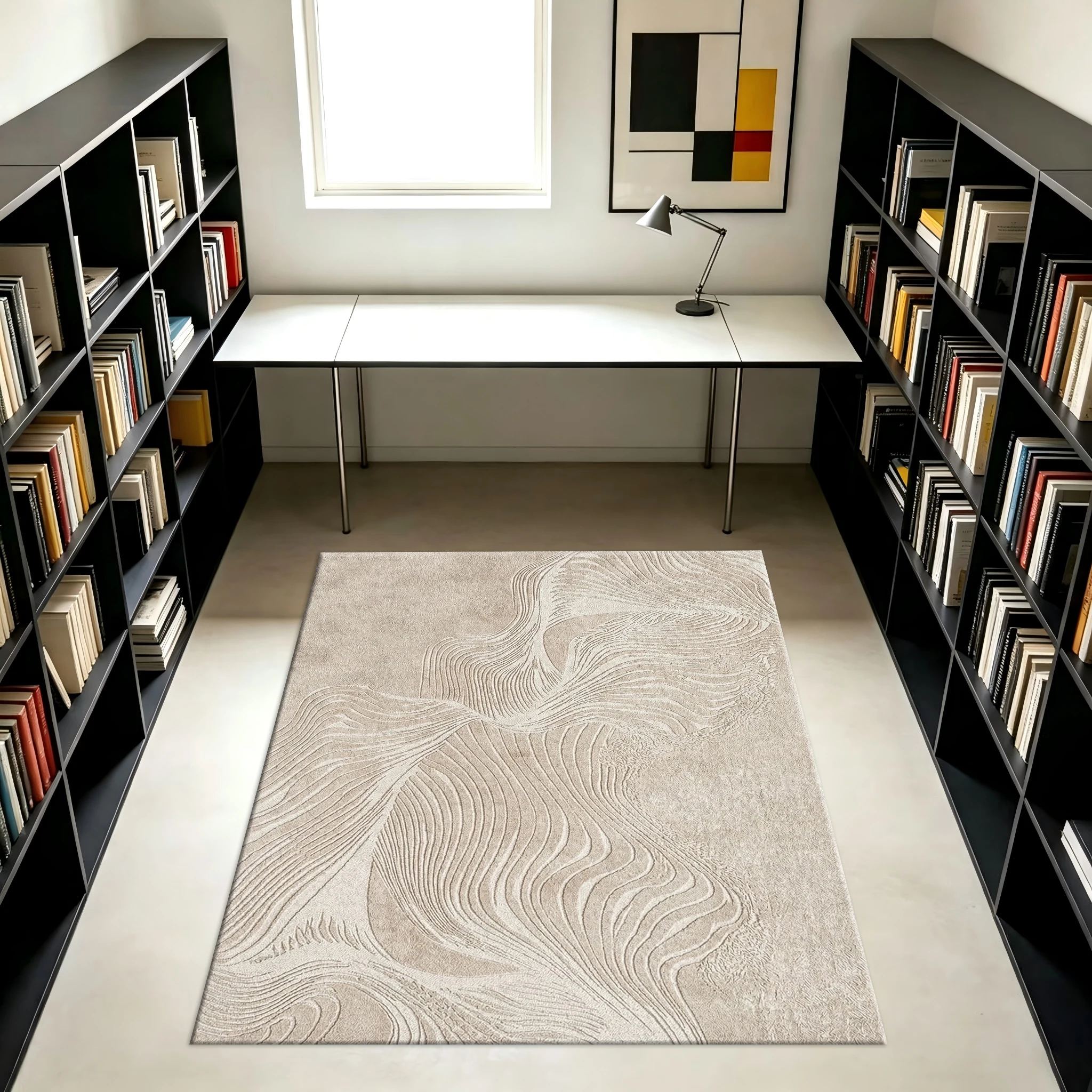 Beige Wave Embossed Carpet Flooring, Minimalist Linear Ripple Texture Decor Rug for Bedroom Living Room