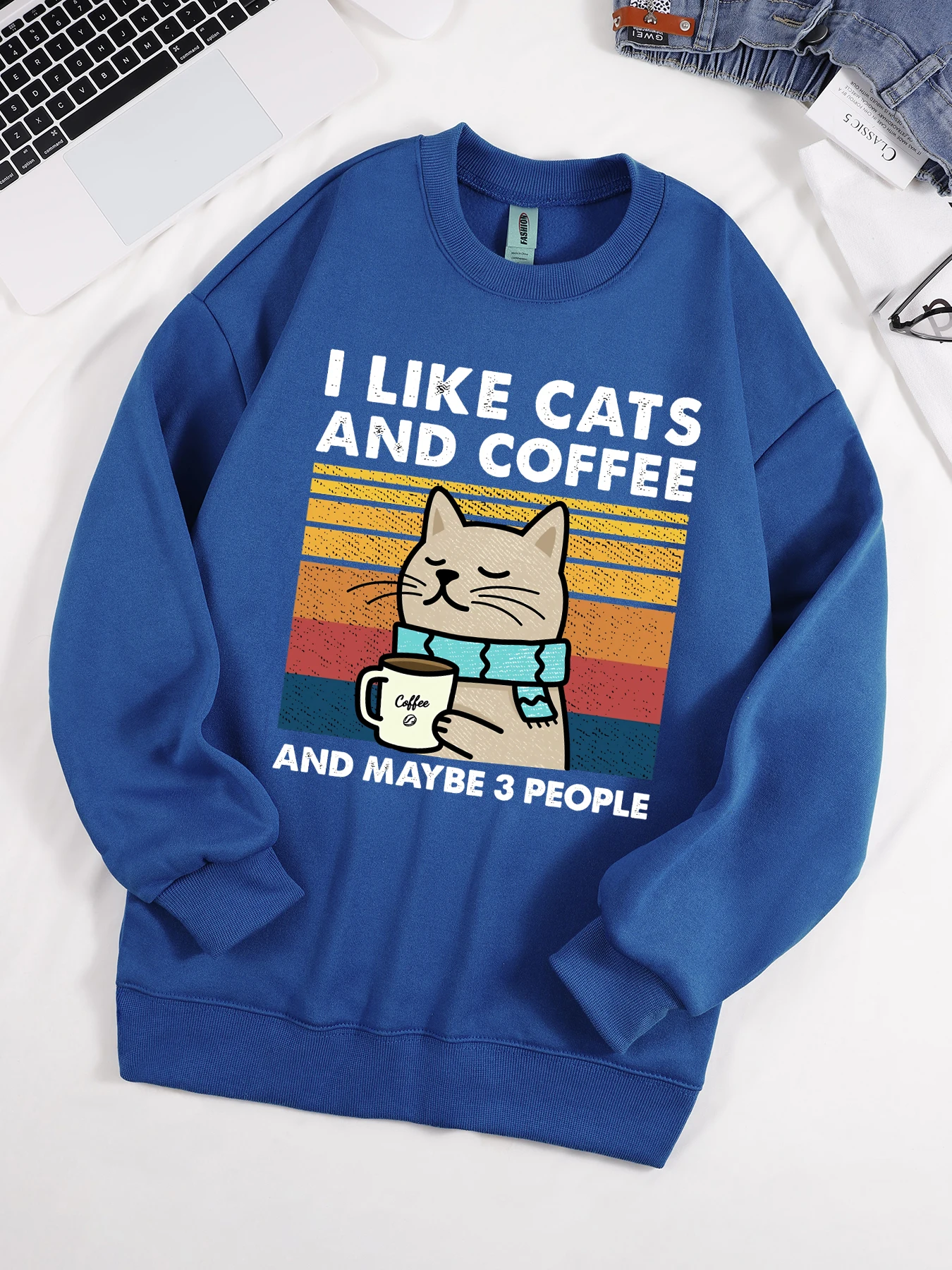 Ich mag Katzen, Kaffee und vielleicht 3-Personen-Druck-Sweatshirt für Herren, Rundhalsausschnitt, weich, Streetwear, lässiger Fleece-Pullover, Hip-Hop-Kleidung