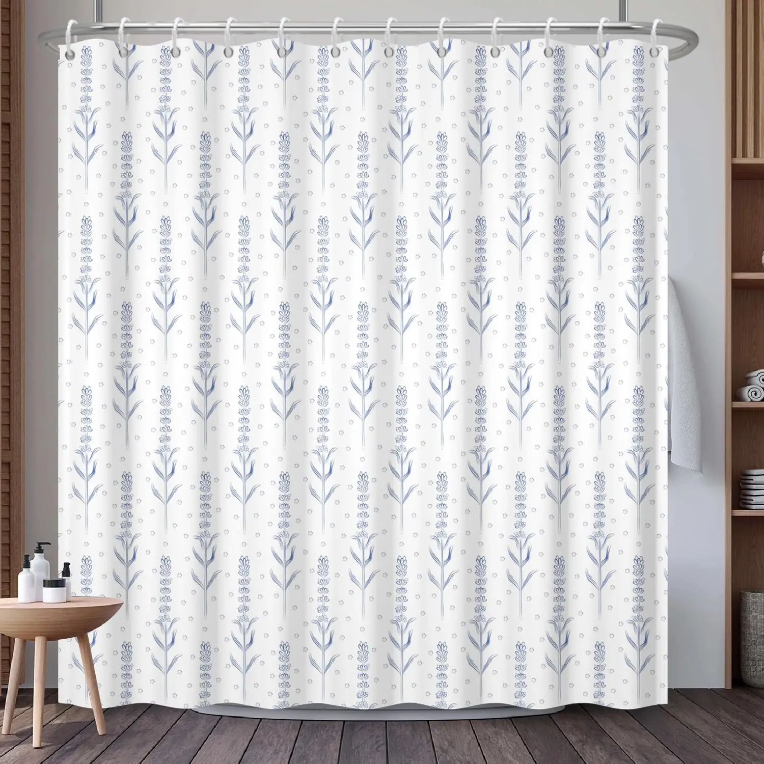 

Scandinavian Shower Curtain with Hooks, Minimalist Blue Botanical Plant Pattern Shower Curtain for Calm Bathroom Style