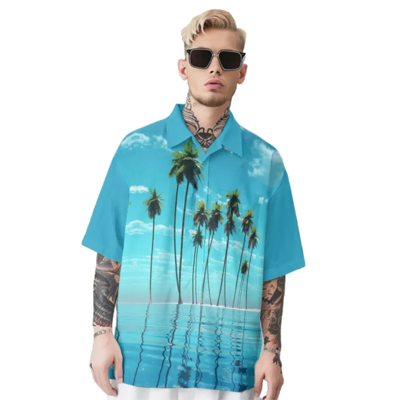 Cocoanut Trees Print Hawaiian Sky-blue Shirt Men's Chest Pocket Shirt Casual Short Sleeve Daily Smart Business Shirt For Men