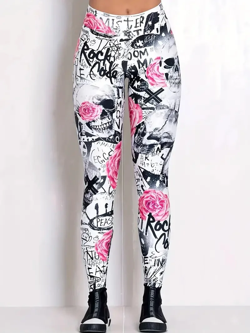 Floral & Skull print elastic elastic waist slim-fit women\'s leggings for everyday wear