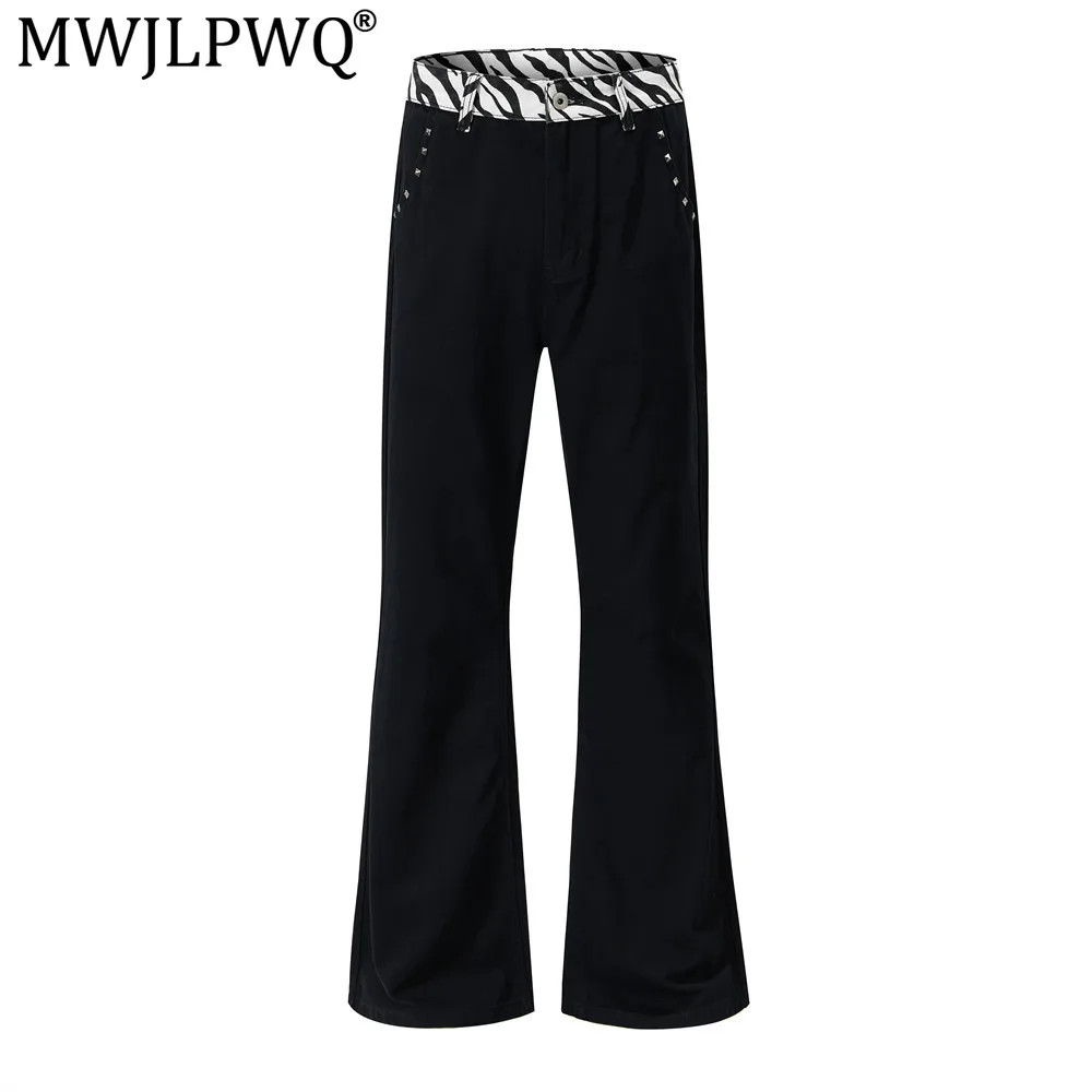 MWJLPWQ Men Patterned Casual Flared Pants Hippie-Style Rivet Design Color-Blocking Contrasting Waistband Unique Trousers 20779