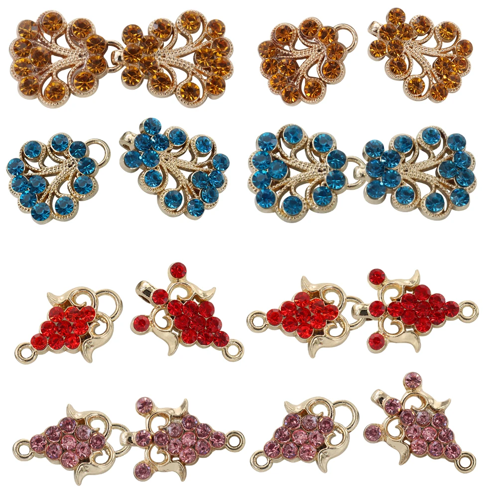 5set Crafts Closure Clasps Button Brown Crystal Gold Tone Metal Hook Eyes Clasp Garment Coat Fastener Sewing Supplies NK316