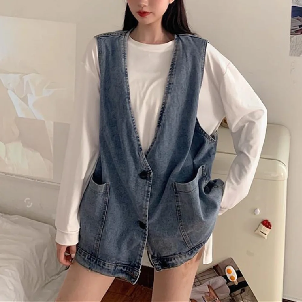 Women Clothing 2022 Autumn Winter New Fashionable Denim Waistcoat for Women Loose Sleeveless Outside Wearing Waistcoat for Women