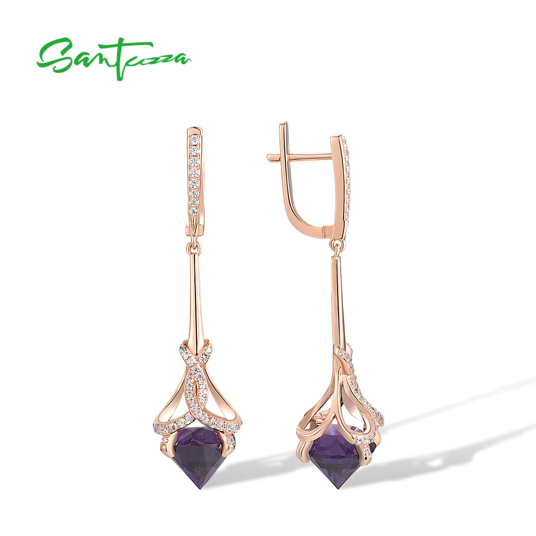 SANTUZZA Pure 925 Sterling Silver Dangling Earrings For Women Sparkling White CZ Purple Stone Delicate Party Gift Fine Jewelry