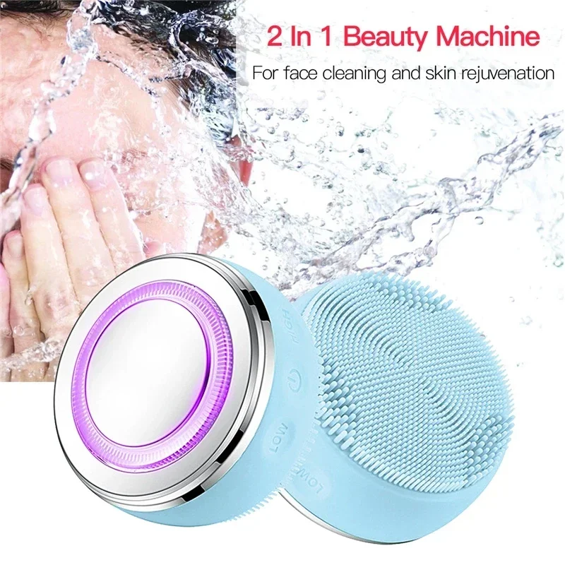 EMS Micro Electric Facial Cleanser, Skin Rejuvenation and Beauty Cleansing Device, Red and Blue Light Silicone Facial Cleanser