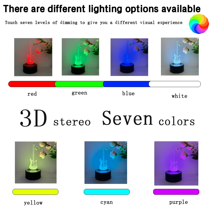 A guitar 3D vision nightlight, smart touch color palette, seven adjustable colors, battery USB dual use, suitable for holiday gi