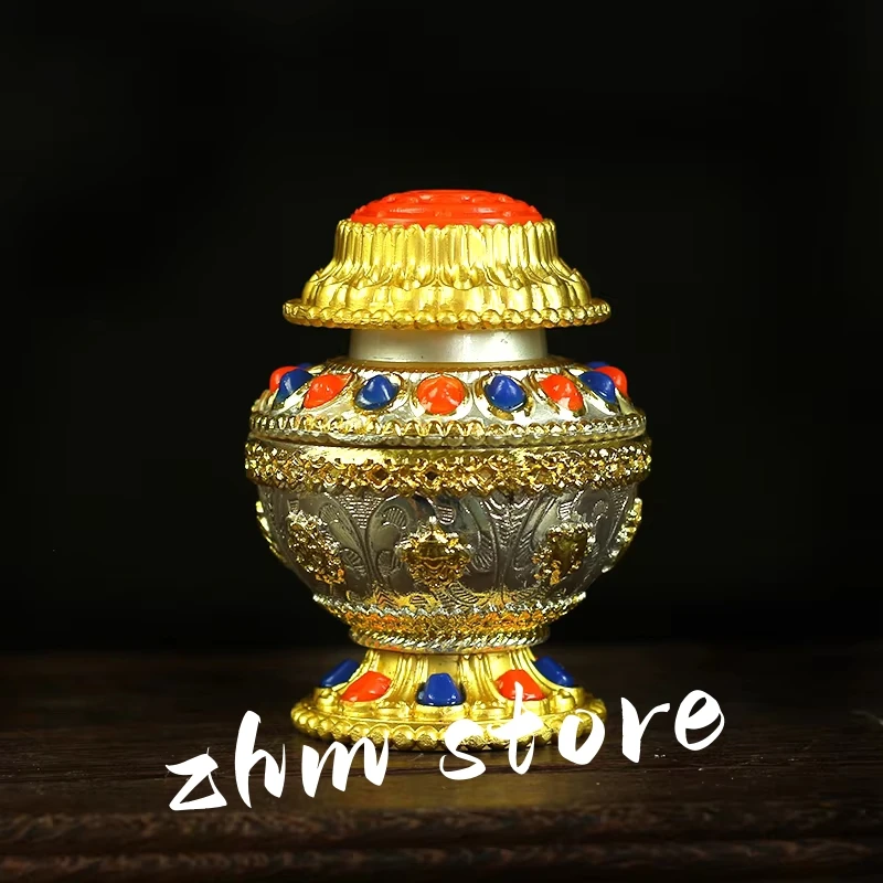 6*4.5cm Mini Gold Alloy Metal Colored Stone Deocrate Treasured Buddhist Tibetan Putting Home Ofiice Bottle