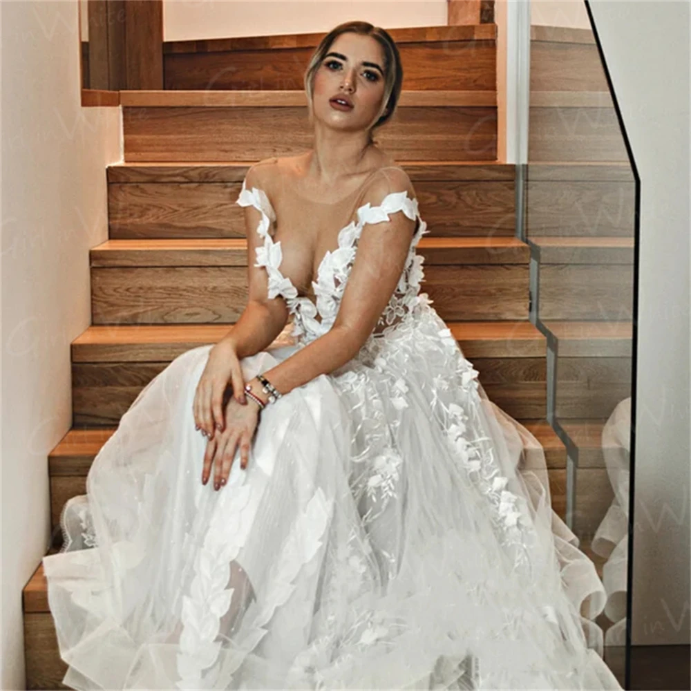 Uma linha vestido de casamento com tampa manga sexy decote em v profundo apliques vestido de noiva vestido de noiva vestidos de novia robe de mariée