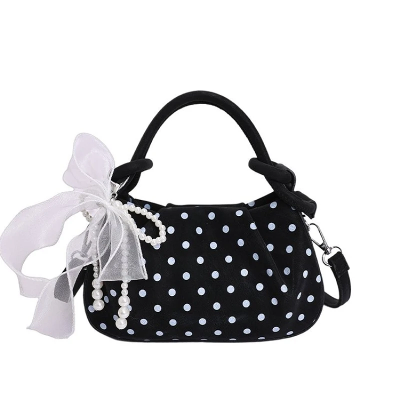 Cute Polka Dot PU Mini Handbag Sheer Bow Pearl, Charm Pastel Colors Adjustable Strap Lightweight 3-Way Dating Crossbody Purse