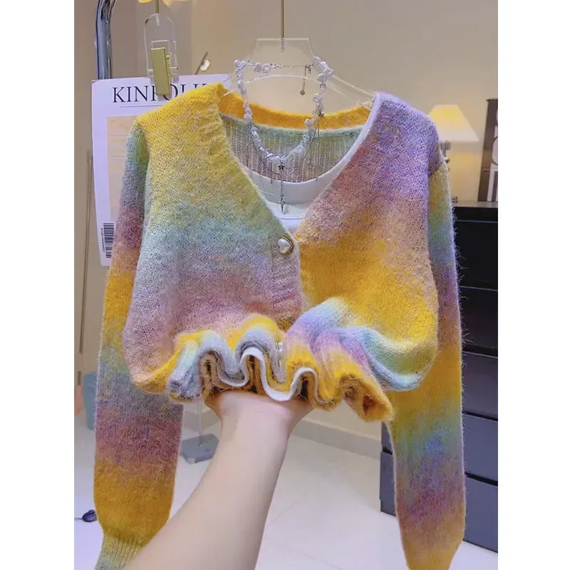 Tie-dye Gradient Color Sweater Jacket for Women Autumn Winter New Thickened Rainbow Sweet Knitted Cardigan Top