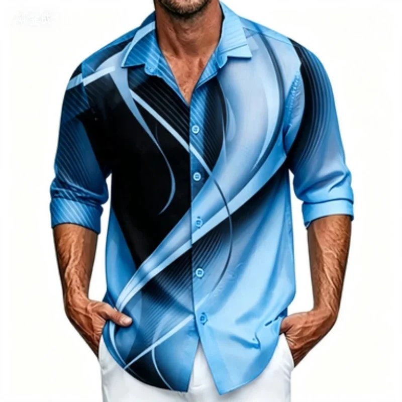 Men's 3D shirt long sleeved printed shirt European American business casual lapel shirt gradient curve pattern daily trend vers