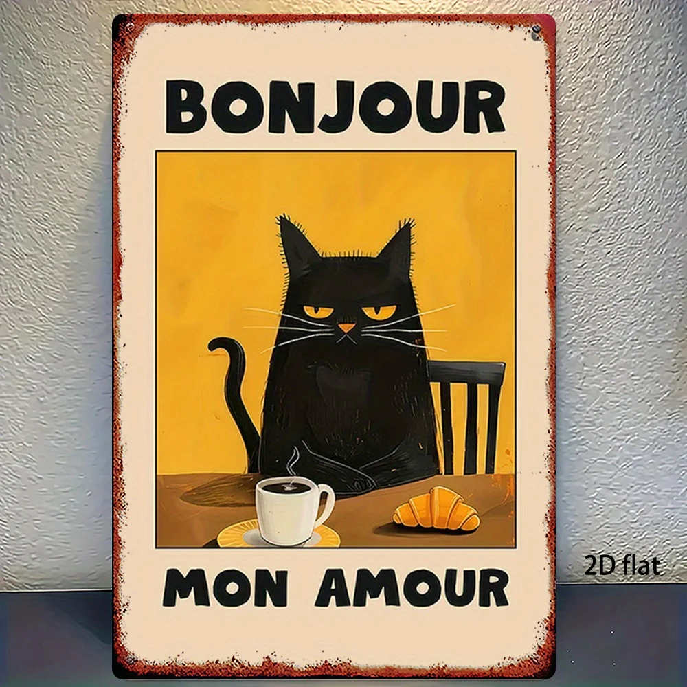Panneau d'art mural en métal d'inspiration française Vintage, chat noir, café et pain, décor rétro en étain avec texte Bonjour et Mon Amour, 1 pièce
