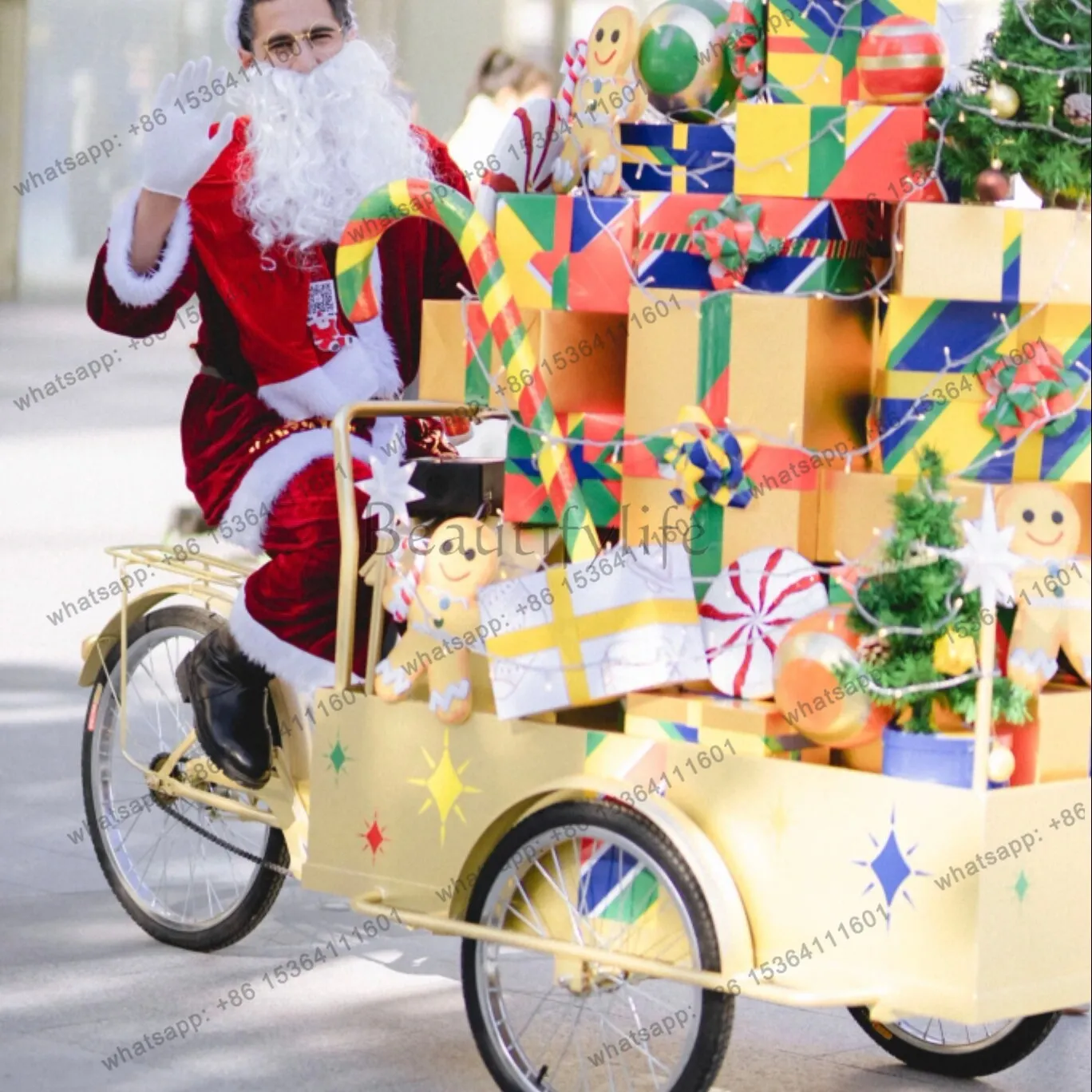 Custom tricycle, float, Santa Claus-themed stall car, golden Christmas decoration prop car