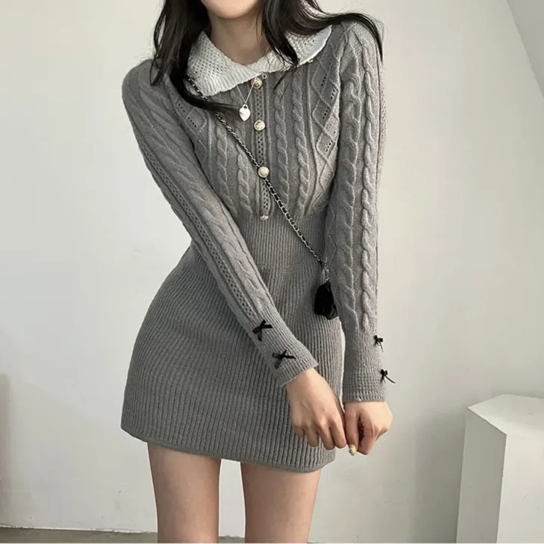 

Chic Knitted Dr Women's Waist-Cinching Doll Collar Base Layer Knot ort Skirt Autumn Winter College Sle