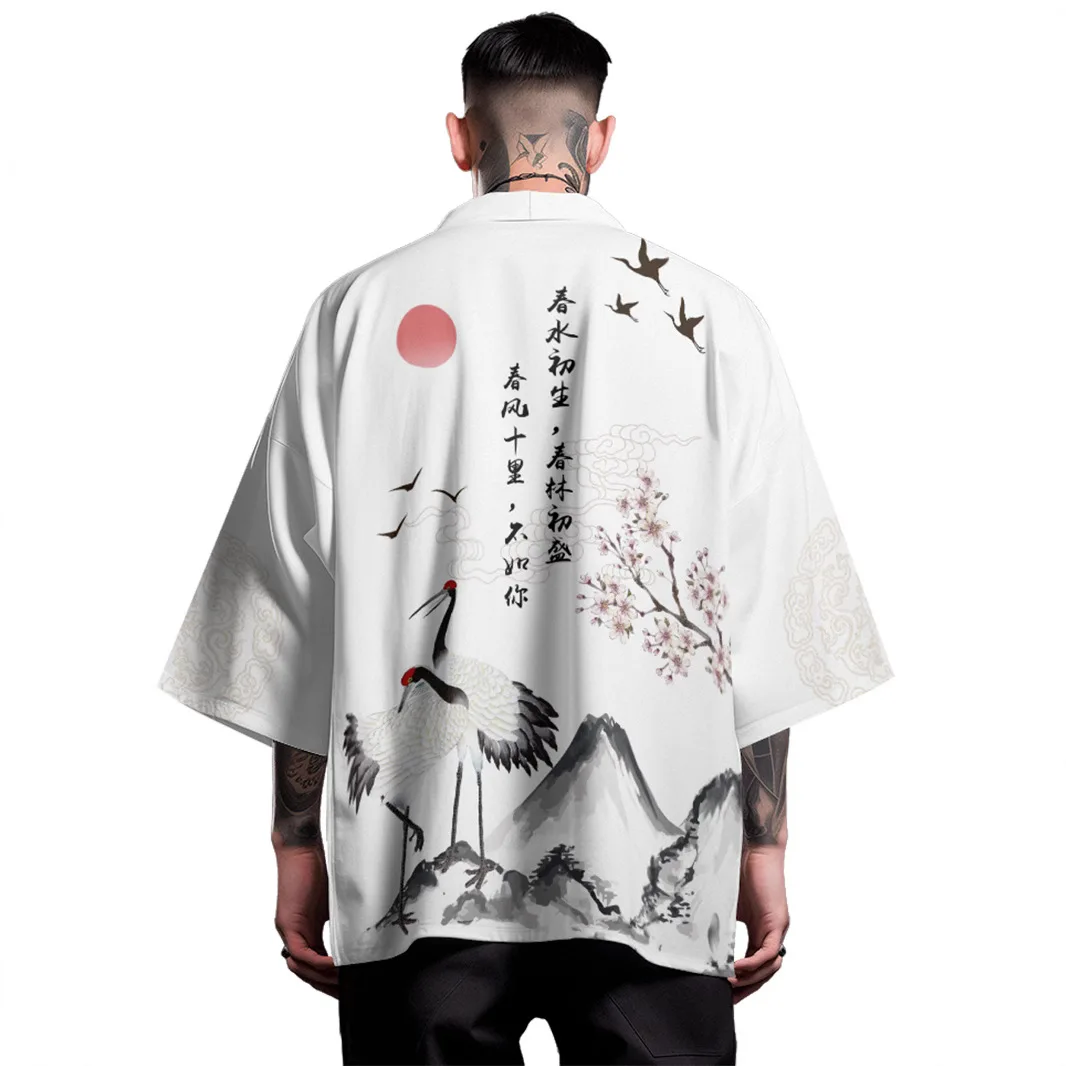 Harajuku Men Japanese White Print Kimono Fashion Cardigan Haori Summer Beach Women Yukata Asian Clothing