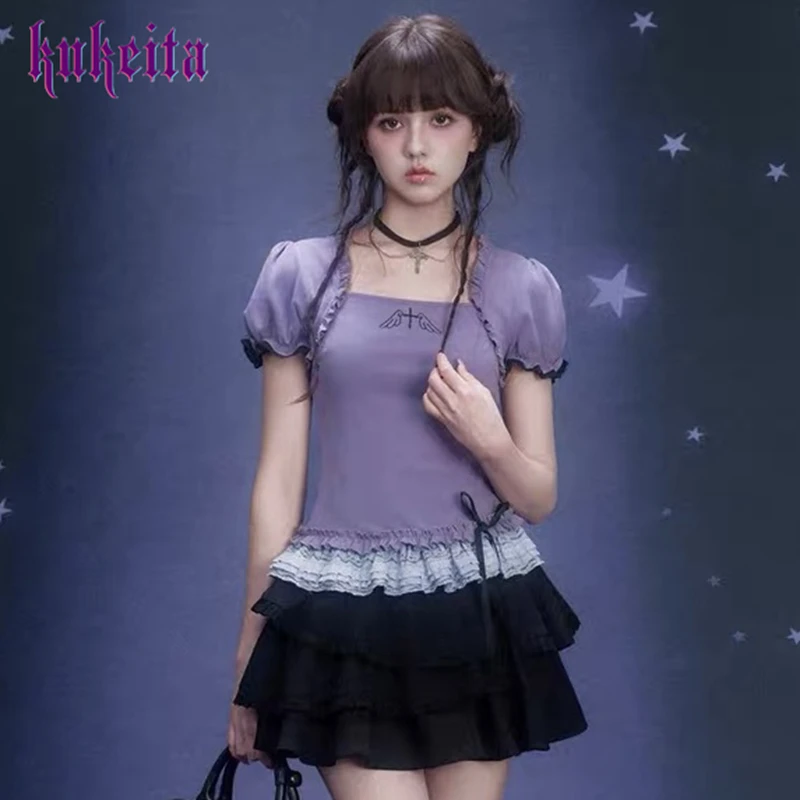 

Kukeita Japanese Style Women Kawaii 2 Piece Outfit Embroidery Lace Puff Sleeve Top+Ruffles Cake Mini Skirts Sets Chic Streetwear