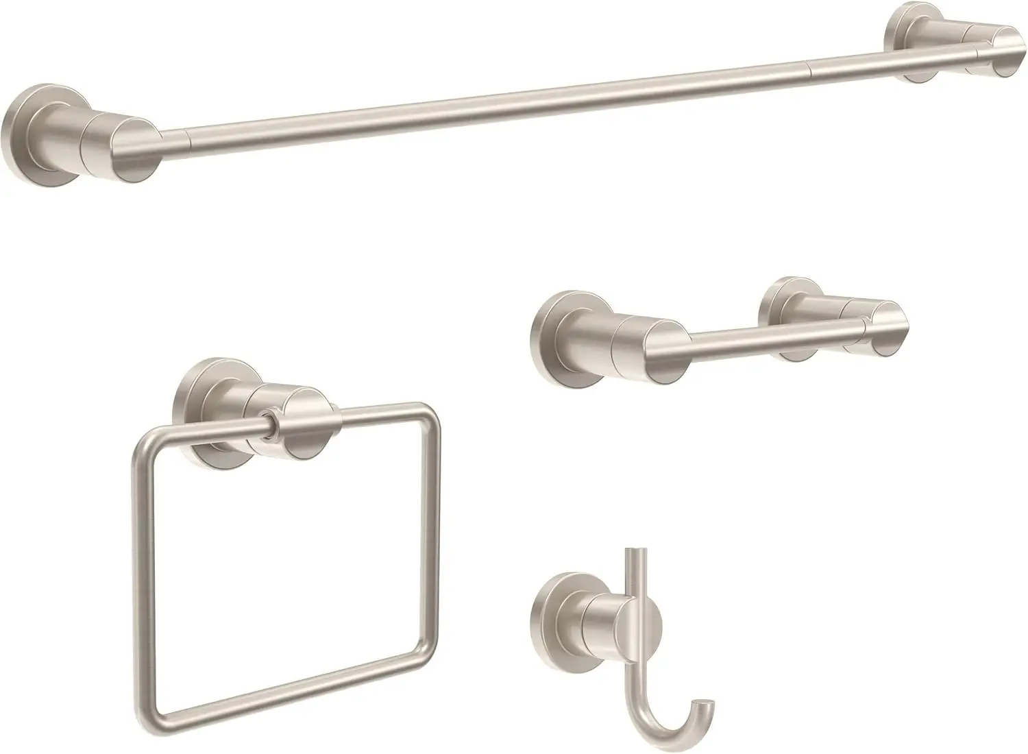 

4-Piece Bath Hardware Set with Towel Bar, Toilet Paper Holder, Ring, Hook in Brushed Nickel Finish