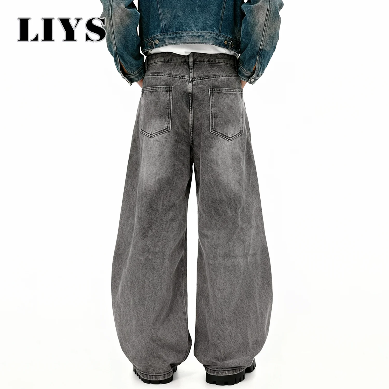 American Men's Retro Baggy Wide Leg Gray Black Jeans Spring Summer Street Daily Casual Straight Leg Denim Pants Clothes Unisex