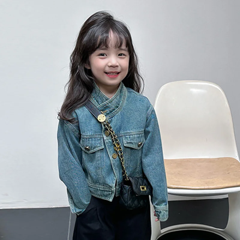 2-8 Years Girls Clothes Denim Jacket Kids Spring New Casual Stand Collar Outerwear Children Fashion Short Tops Toddler Coats