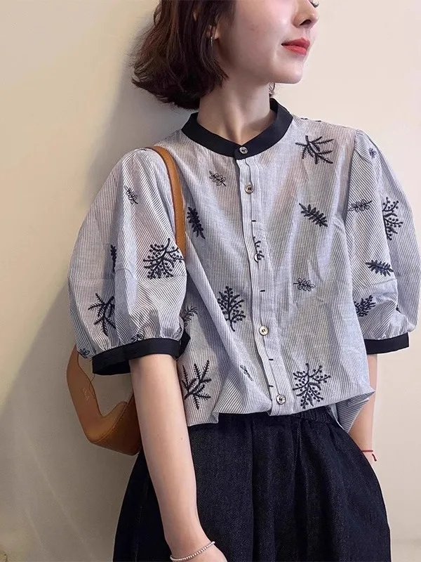 

Faionable Color Blo Striped ort Sve Embroidered Bubble Sve Loose Fit Slimming Button up Women's irt Summer 2025