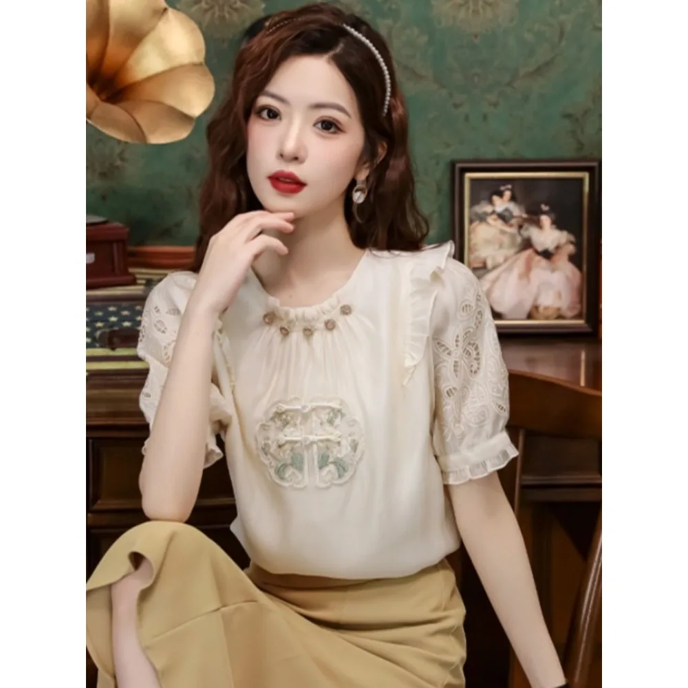 

Design Sensual Beaded Shirt for Women's Summer New Chinese Chiffon Top Embroidery