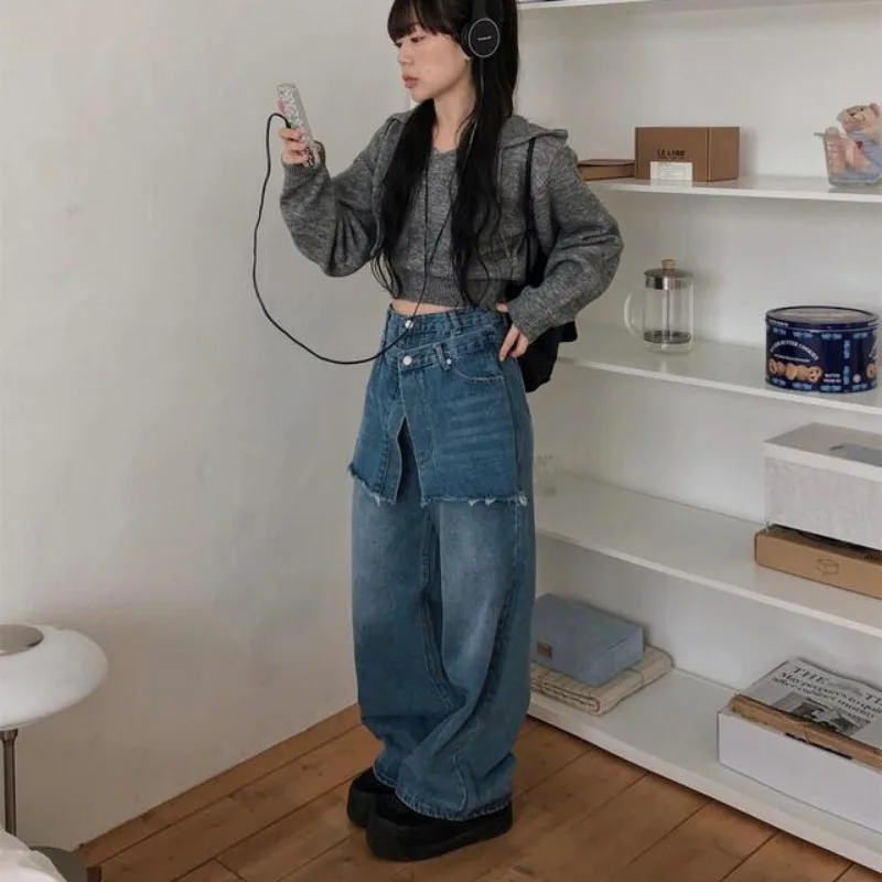 Neploe Fake Two Piece Vintage Denim Blue Pants Y2k High Waist Straight Jeans for Women 2024 Summer New Loose Wide Leg Pants