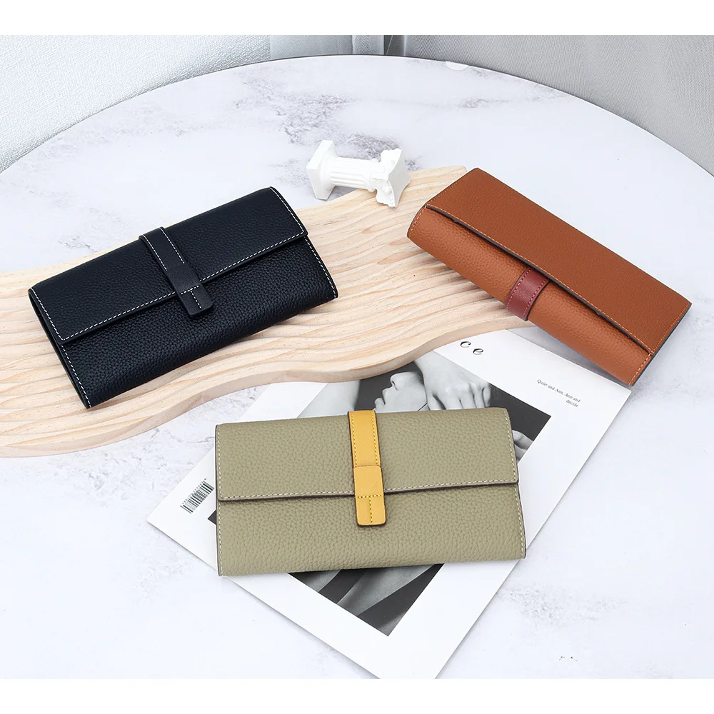 Western Contrast Color Cowhide Leather Long Women Wallet Large Capacity Phone Bag Coin Purse for Ladies