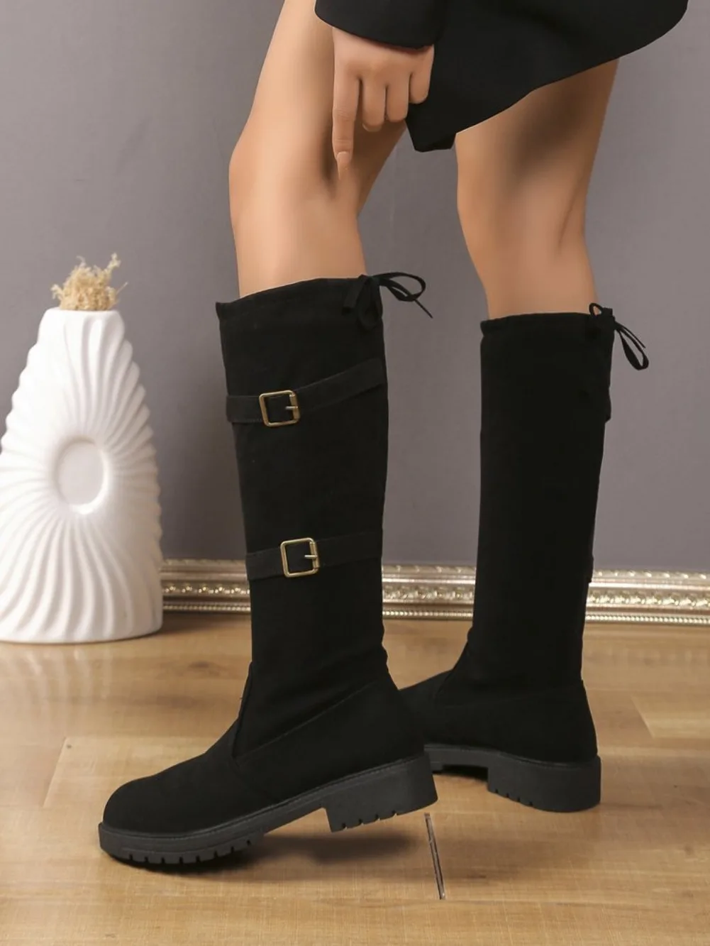Modische Schnallen-Dekorations-Kniehohe Stiefel für Damen 2025 Herbst Einfarbige Slip-on-Stiefel mit Schleifendesign Modische Stiefel – Detail 6