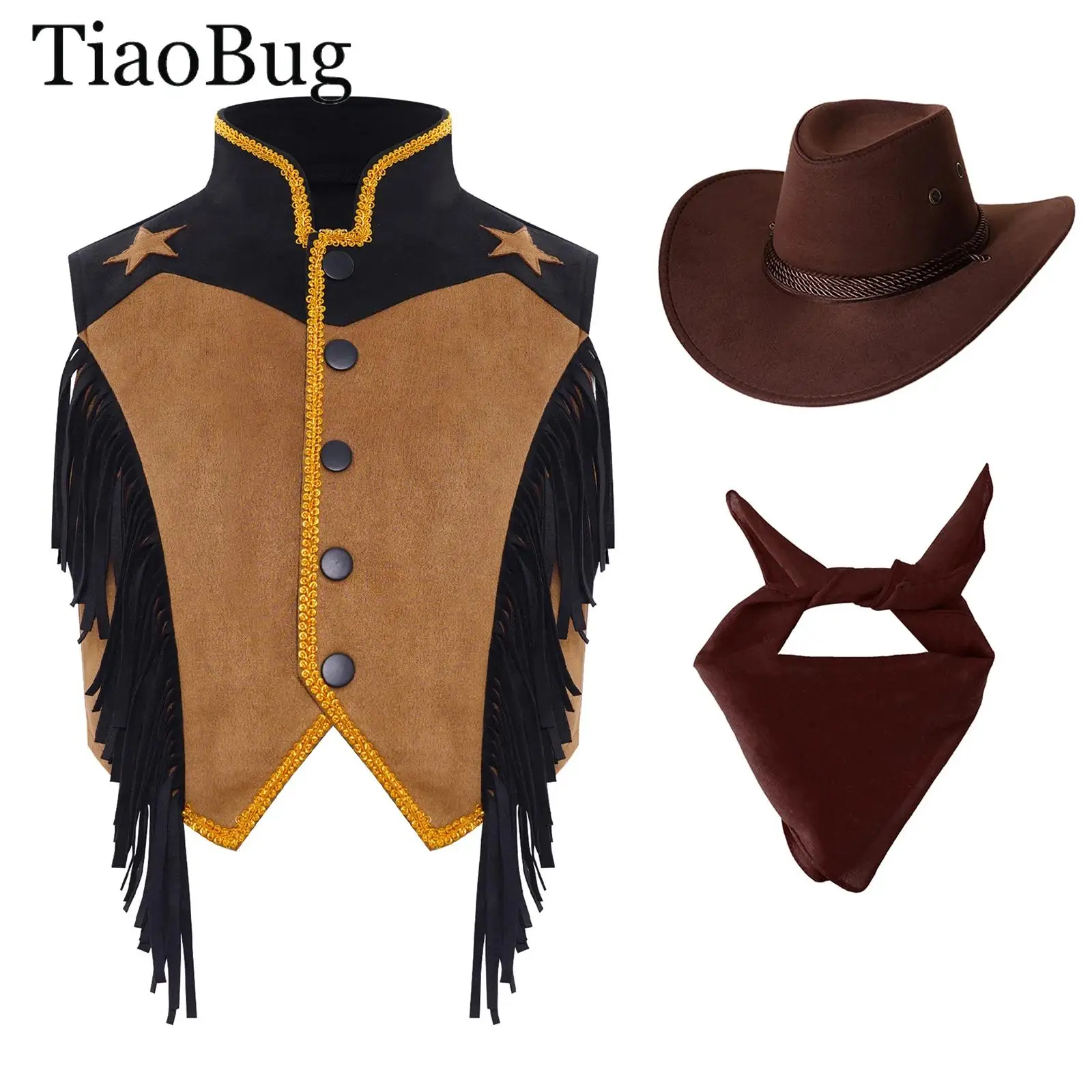 

Boys Girls Halloween Western Cowboy Costume Tassels Waistcoat Fringed Vest Jacket with Hat Bandana Set Cosplay Fancy Dress Up