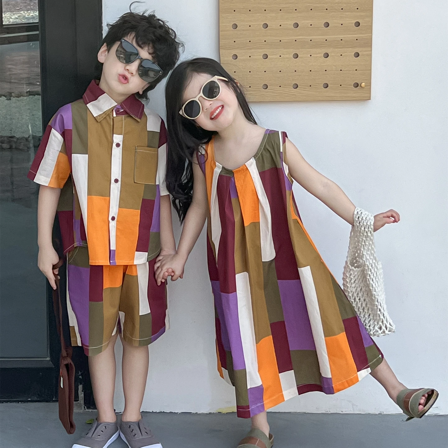 

Matching Sister Brothers Polo Clothes Boy and Girl Summer Clothing Baby Striped Dress Children Tops + Shorts Two Piece Outfits