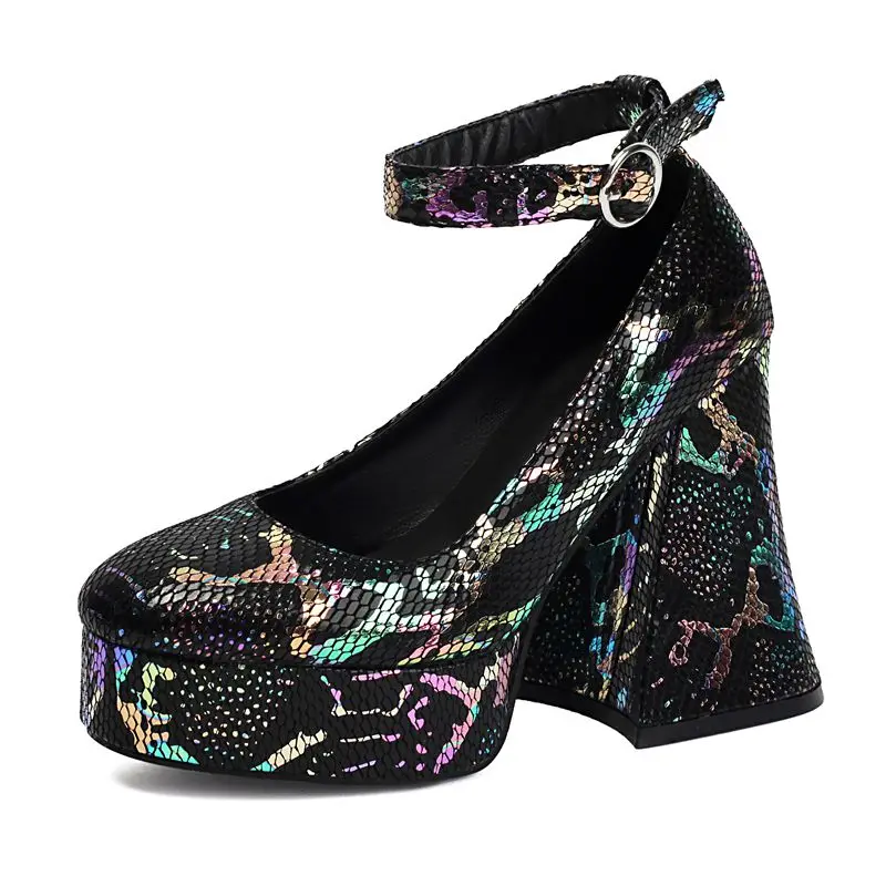 SIMLOVEYO Women Pumps Round Toe 12.5cm Block heel 3.5cm Ankle Buckle Shoe strap Large Size 41 42 43 Elegant Evening Sloey