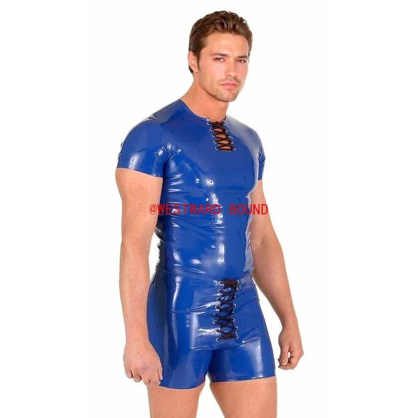 customized latex top men's blue rubber short-sleeved top shorts black lace-up handmade rubber costume clubwear