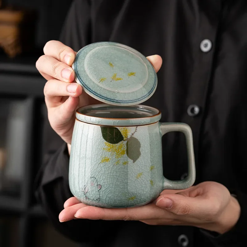 Hand-Painted Cracked Glaze Jade Rabbit Ceramic Mug with Lid - Infuser, Tea 250ml Office Tea Cup, Unique Artistic Set