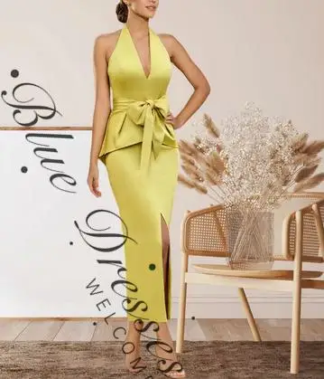customized V-Neck Sheath/Column Sleeveless Tea-Length Split Front Mother Of The Bride Dresses With Pleats Bow