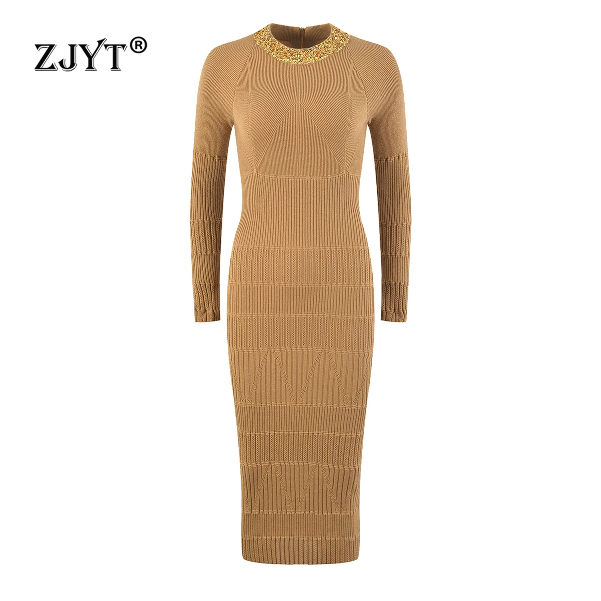 

ZJYT Spring Luxury Beading O Neck Knitting Sweater Dresses for Women Spring 2025 Elegant Long Sleeve Sheath Casual Party Dress