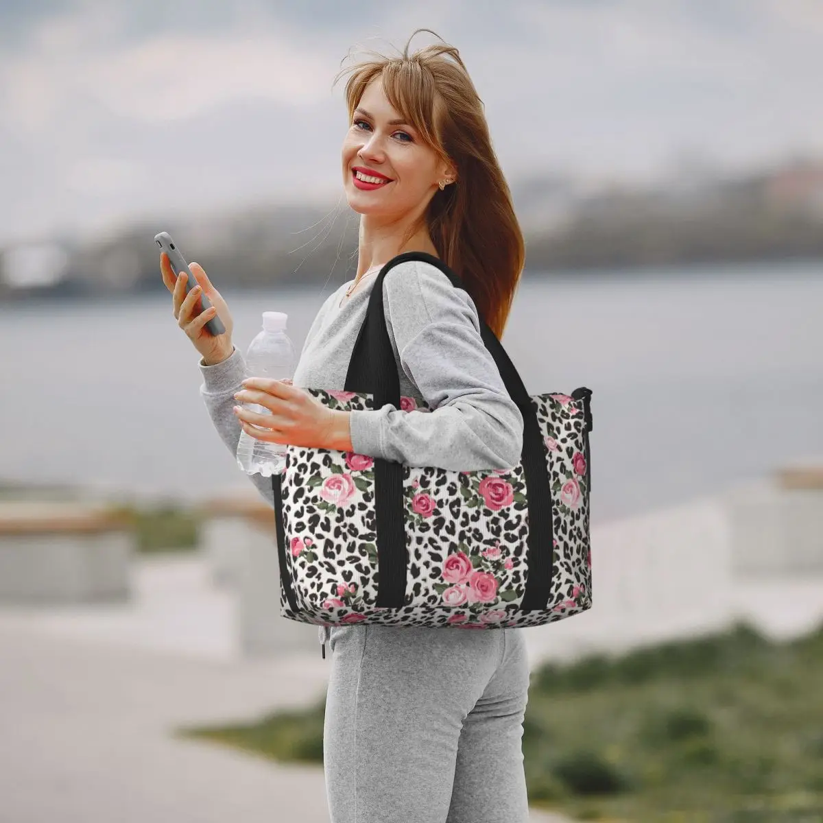 ليوبارد روز طباعة اليد حمل حقيبة الصالة الرياضية الأمتعة السفر الرجال النساء حقيبة مصمم حقائب للجنسين حقيبة ظهر قطنية طباعة