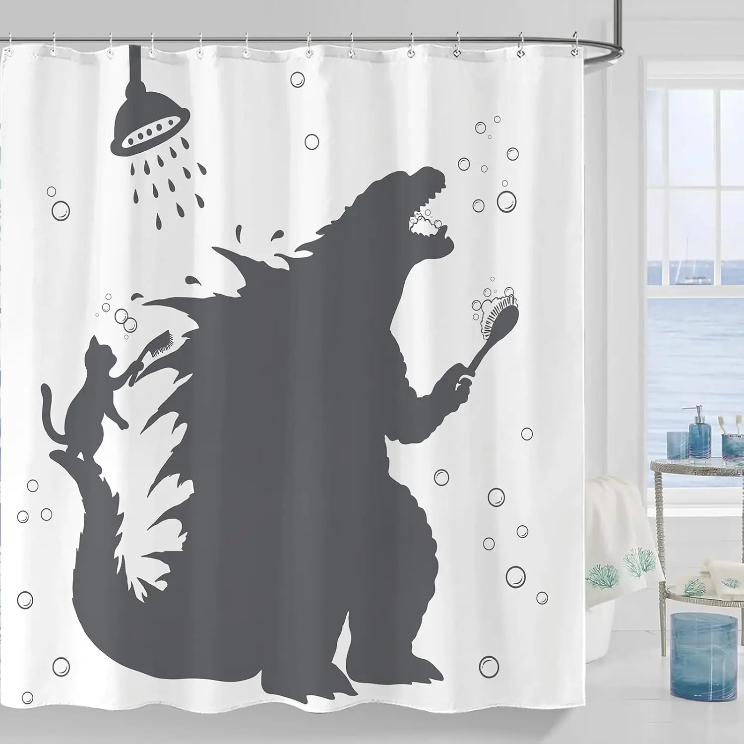 

Creative Godzilla and Cat Shower Curtain Bathroom Decor Waterproof Fabric Unique Design for Home Accessories Art