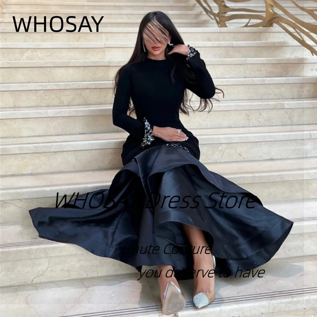 WHOSAY hoge kraag zwarte avondjurken lange mouwen pailletten gelaagde galajurk sexy backless vestidos de noches aangepast