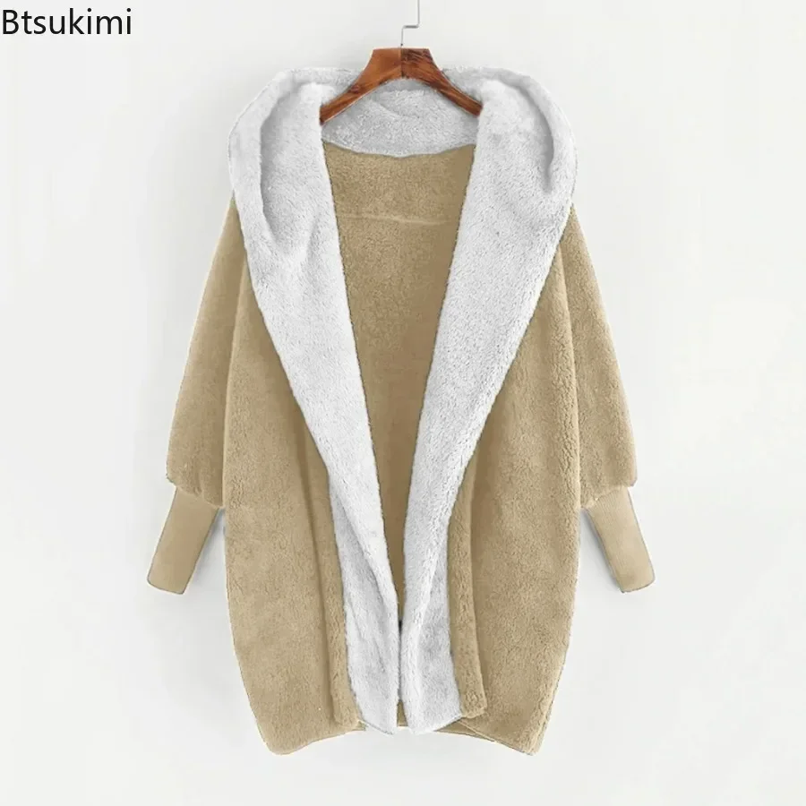 

Новинка 2026, женские зимние утепленные шерстяные флисовые пальто, куртки с капюшоном из искусственного меха с длинными рукавами, женские пушистые плюшевые свободные пальто