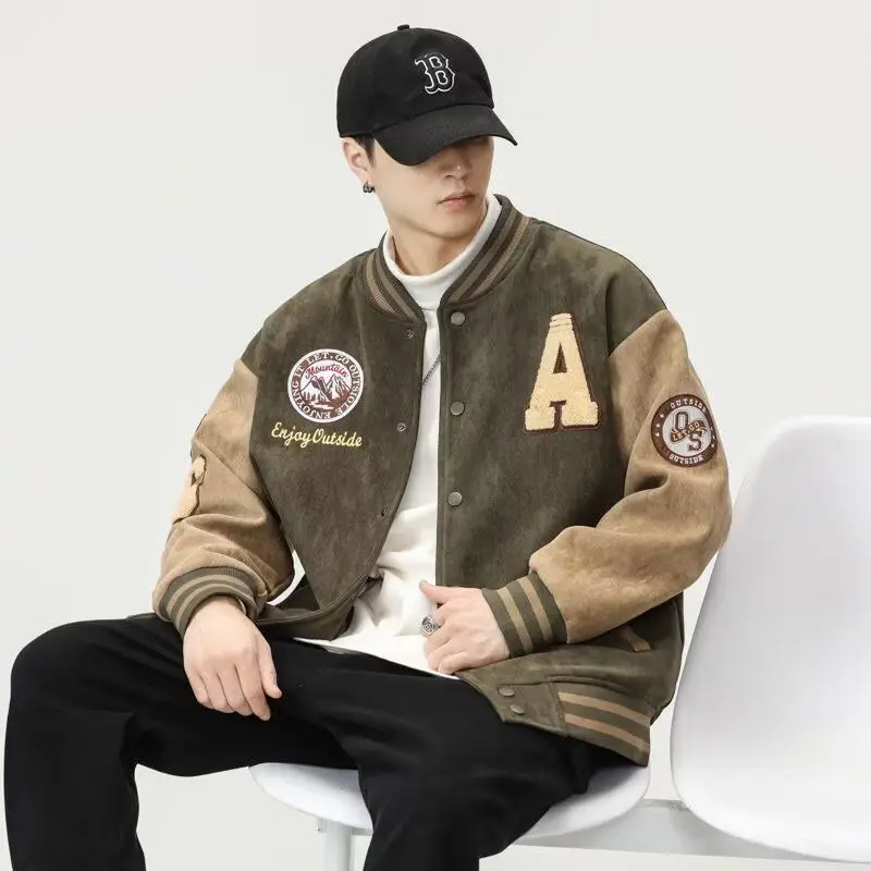 

American High-End Military een Splice Suede Baseball Jaet Men's Autumn Winter Loose Jaet Color Blo Design Polyester
