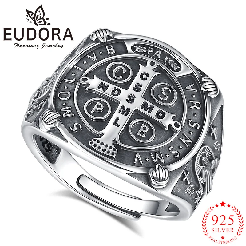 Eudora 925 Sterling Silver Saint Benedict Ring San Benito Adjustable Cross Ring Catholic Jewelry Religious Gift for Men Women