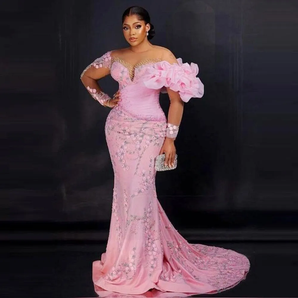 Aso Ebi Lace Prom Dresses Appliques Ruffles Illusion Long Sleeves  Plus Sze Evening Dress Mermaid Party Gowns For African Women