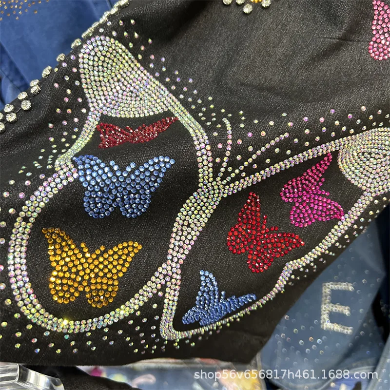 أزياء الربيع الصيف النساء الدنيم مجموعات الساخن الحفر فراشة فضفاضة قصيرة الأكمام قميص أعلى + الخرز مرونة الخصر واسعة الساق السراويل