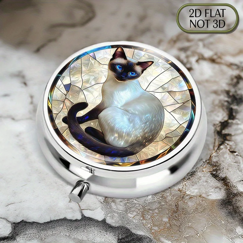 Portable Round Metal Pill Box with Colorful Glass Xishi Cat Design, Ideal for Organizing Daily Medications and Supplements, and Is Also Great for Storing Vitamins, Multi-Purpose Storage for Small Items or Coins, Travel Needs, and as a Gift for Friends