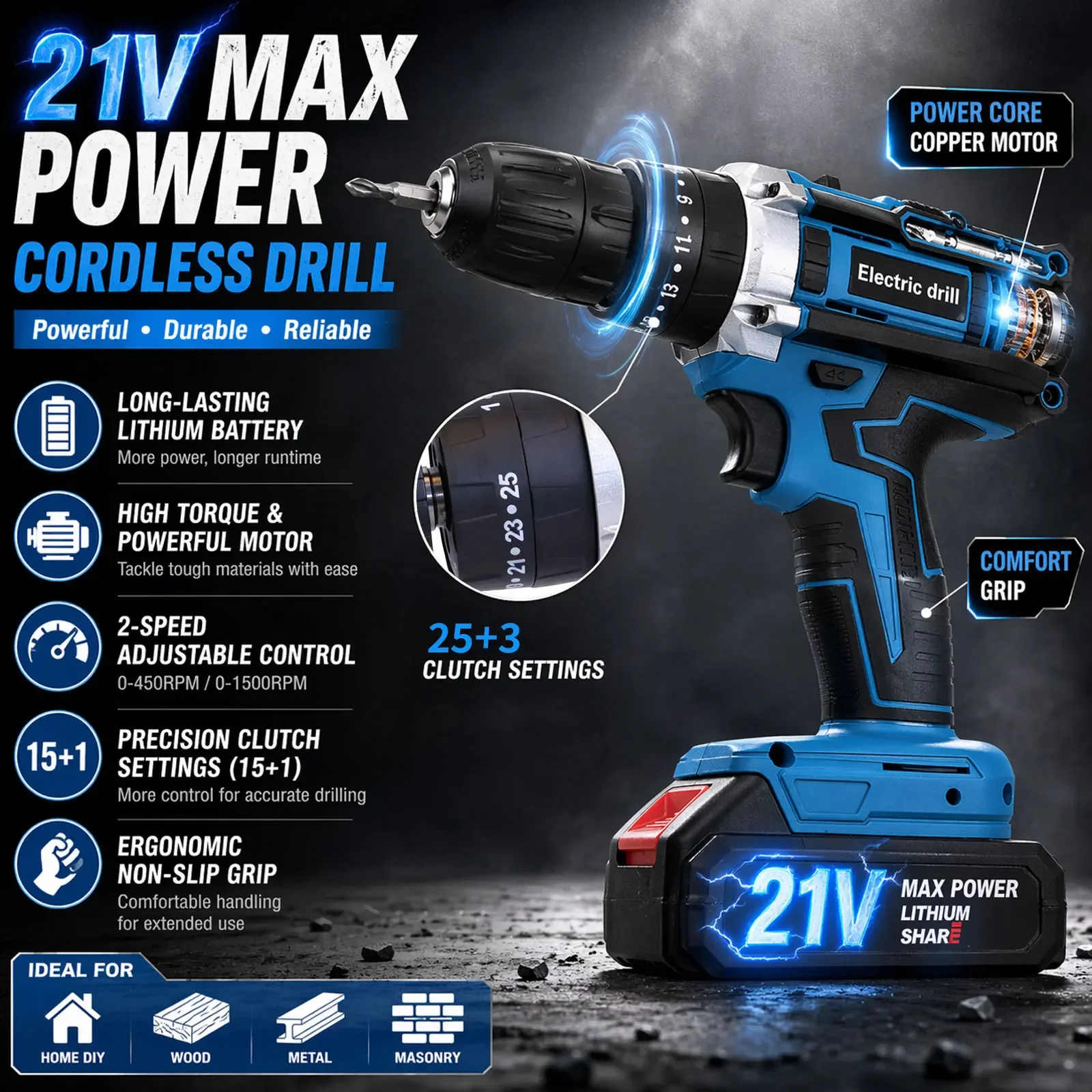 New Electric Impact Drill 25 Torque Settings Brushed Multi-functional 10mm Electric Drill Power Tool for Makita 18V Battery Pin
