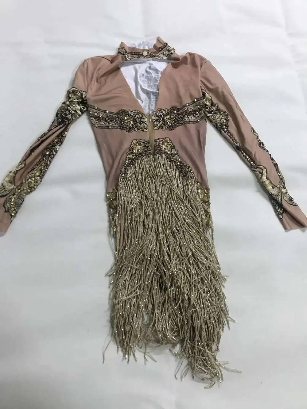 Gold Rhinestone Bodysuits Women Fringe Birthday Party Shinning Long Sleeve Tassel Dancer Gogo DJ Sparkle Drag Queen Stage Wear
