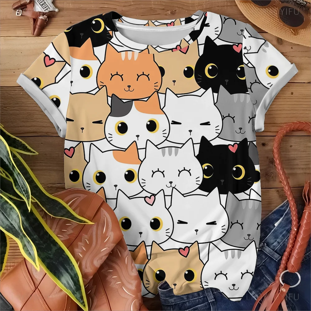 Cute And Playful Cartoon Cat Pattern Women's Fun T-shirt Fashionable And Comfortable White Short Sleeve - Image 4
